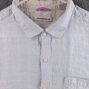 Tommy Bahama Linen Check 2XL Blue Mens Pocket Hawaiian Casual Shirt Long Sleeve